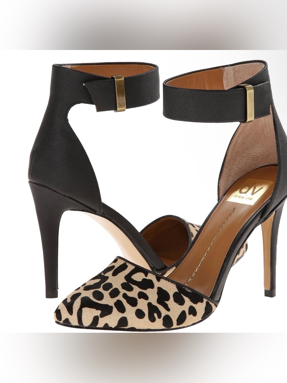 Dolce Vita Black and Leopard Ankle-Strap Pumps